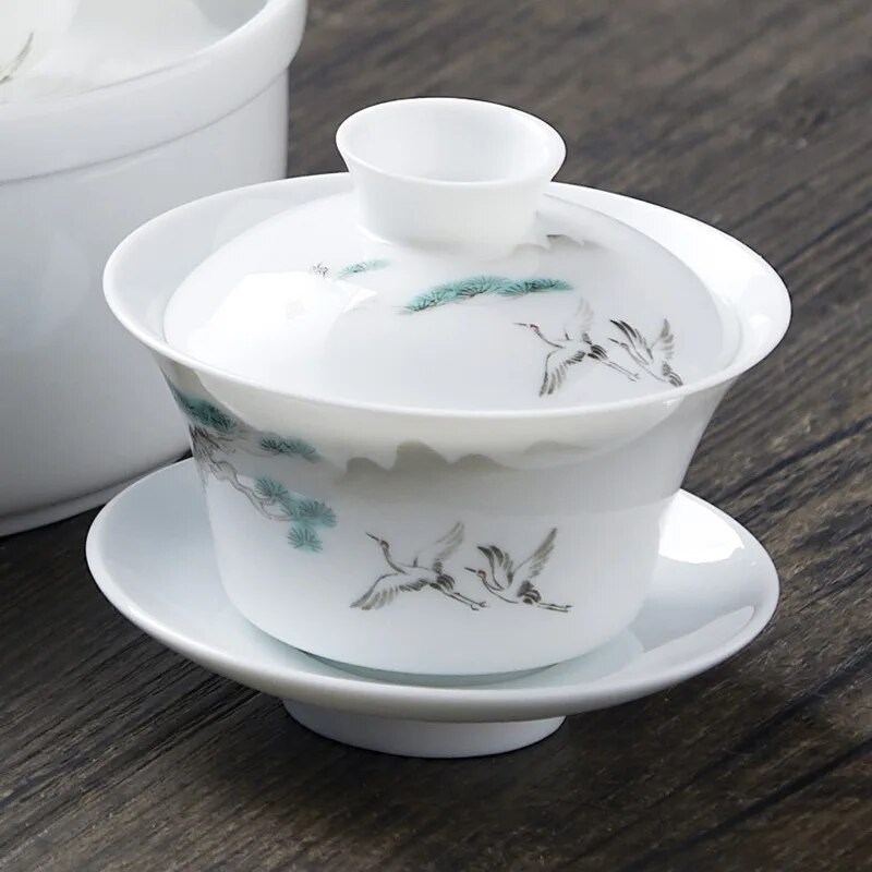 Китайски традиции Gai Wan Сервиз за чай Чаени сервизи от костен Китай Dehua Gaiwan Tea Комплект порцеланова тенджера за пътуване Красив и лесен чайник