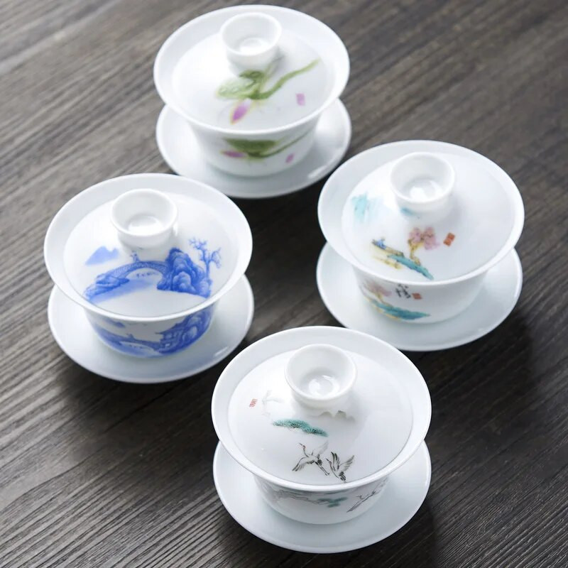 Китайски традиции Gai Wan Сервиз за чай Чаени сервизи от костен Китай Dehua Gaiwan Tea Комплект порцеланова тенджера за пътуване Красив и лесен чайник