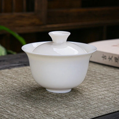 Dehua Бяла порцеланова купа с капак Домакинска кунгфу единична чаша за чай Gaiwan Ръчно изработен керамичен сервиз за чай Голяма малка купа с капак Sancai