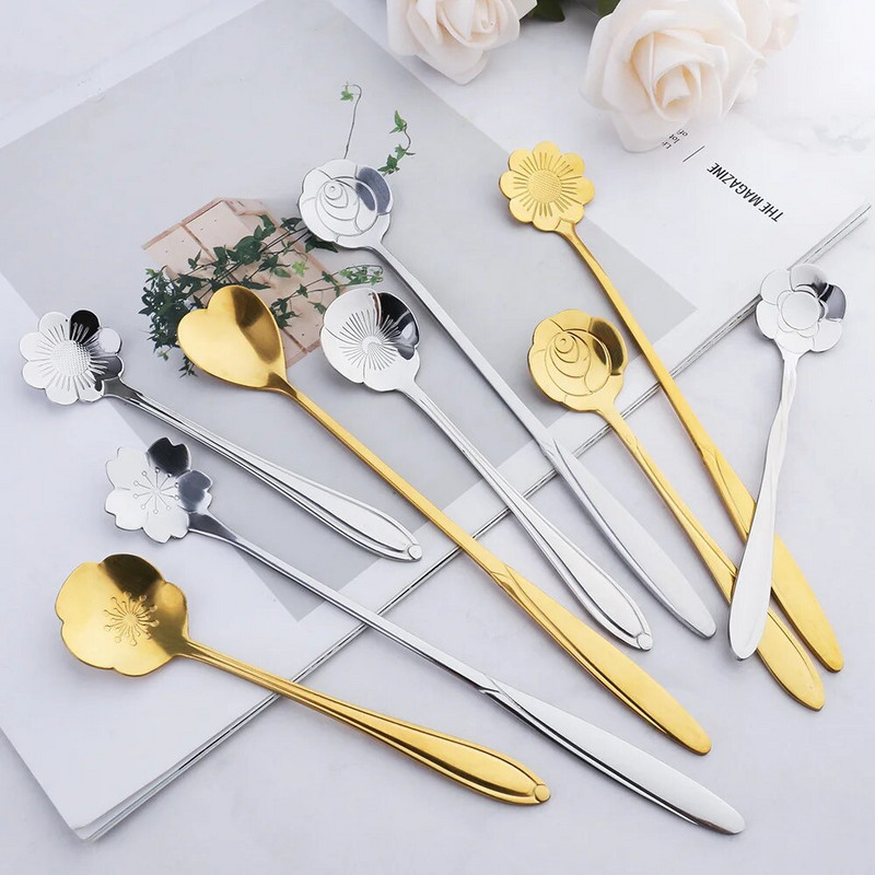 Nerūdijančio plieno auksinės gėlės formos šaukštas desertinis kavos šaukštas mielas vyšnių žiedų ilgas kotas medaus šaukštas Vestuvių vakarėlis