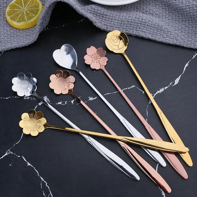 Nerūdijančio plieno auksinės gėlės formos šaukštas desertinis kavos šaukštas mielas vyšnių žiedų ilgas kotas medaus šaukštas Vestuvių vakarėlis