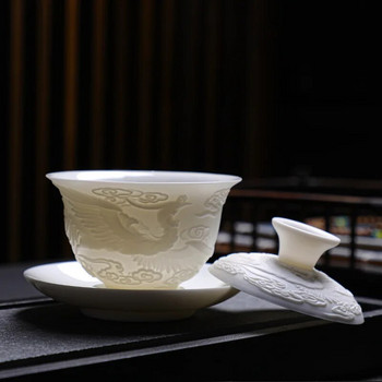 Dragon and Phoenix Ceramic Gaiwan White Porcelain Releef Cover Bowl Kung Fu Чаша за чай с капак и чинийка Gaiwan Jingde Town Puer