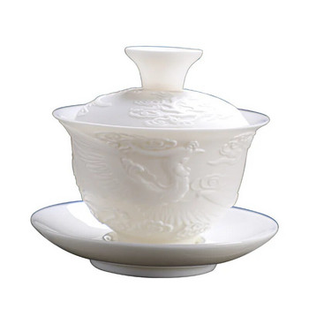 Dragon and Phoenix Ceramic Gaiwan White Porcelain Releef Cover Bowl Kung Fu Чаша за чай с капак и чинийка Gaiwan Jingde Town Puer