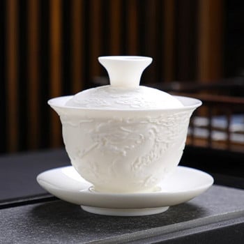 Dragon and Phoenix Ceramic Gaiwan White Porcelain Releef Cover Bowl Kung Fu Чаша за чай с капак и чинийка Gaiwan Jingde Town Puer