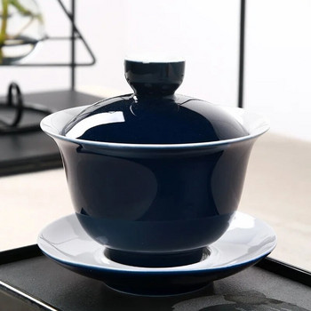 Indigo Glaze Ceramic Tea Tureen Cup Σετ τσαγιού πορσελάνης Μπλε Gaiwan Βραστήρας ταξιδιού Χειροποίητος ζωγραφισμένος κόκκινος κάλυμμα Μπολ Σετ τσαγιού 180ml