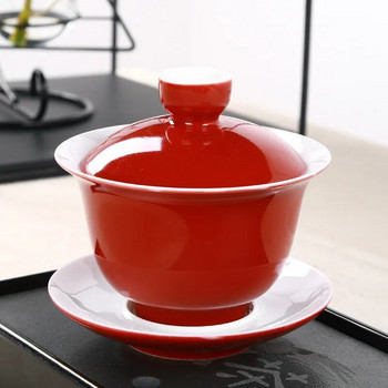 Керамична чаша за супник за чай с индигова глазура Комплект порцеланова тенджера за син гайван чай Чайник за пътуване Ръчно рисувана купа с червен капак Чаен комплект 180 ml