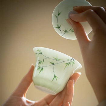 Нефритова глинена бяла порцеланова ръчно рисувана гайванска бамбукова подглазурна зелена покрита купа с китайски кунгфу сервиз за чай