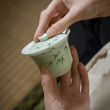 Нефритова глинена бяла порцеланова ръчно рисувана гайванска бамбукова подглазурна зелена покрита купа с китайски кунгфу сервиз за чай