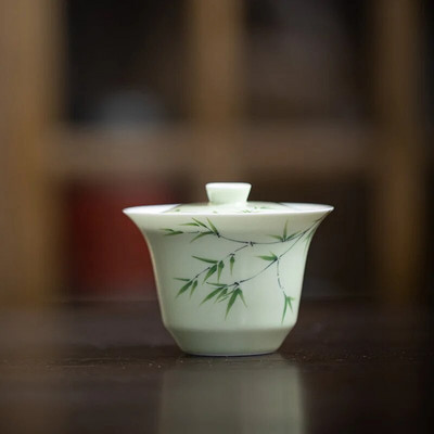 Jade savi valge portselan käsitsi maalitud Gaiwan bambusest alusglasuur roheline värviline kaetud kaussi Hiina kungfu tee komplekt