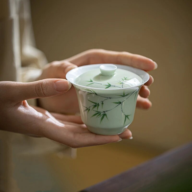 Jade savi valge portselan käsitsi maalitud Gaiwan bambusest alusglasuur roheline värviline kaetud kaussi Hiina kungfu tee komplekt