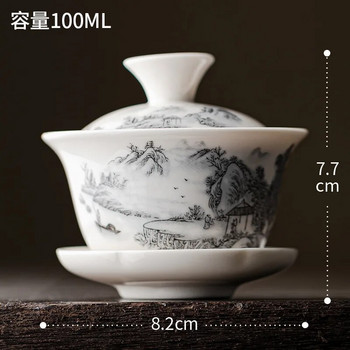 Купа за чай Керамична чаша за чай Супник за супа Китайска керамика Gaiwan Порцелан Gaiwan Купа с бял капак Лотос Ръчна рисунка Gai Wan Shen Puer