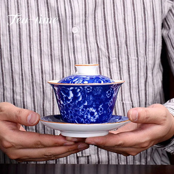 190 ml Китайски син и бял порцеланов чай Супница Керамични цветни цветя Gaiwan Ръчно рисувана чаша за чай Домашен декор за напитки Занаяти