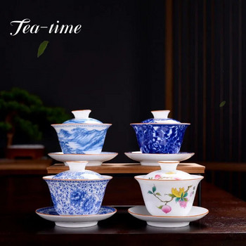 190 ml Китайски син и бял порцеланов чай Супница Керамични цветни цветя Gaiwan Ръчно рисувана чаша за чай Домашен декор за напитки Занаяти