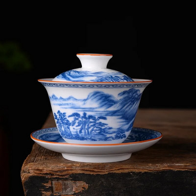 190 ml Hiina sinist ja valget portselanist tee Tureen keraamilised värvilised lilled Gaiwan käsitsi maalitud teetass Kodune jooginõud Decor Käsitöö