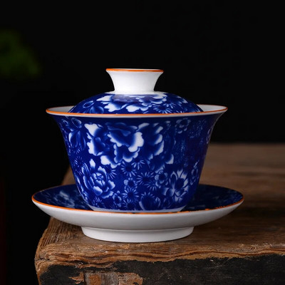 190 ml Hiina sinist ja valget portselanist tee Tureen keraamilised värvilised lilled Gaiwan käsitsi maalitud teetass Kodune jooginõud Decor Käsitöö