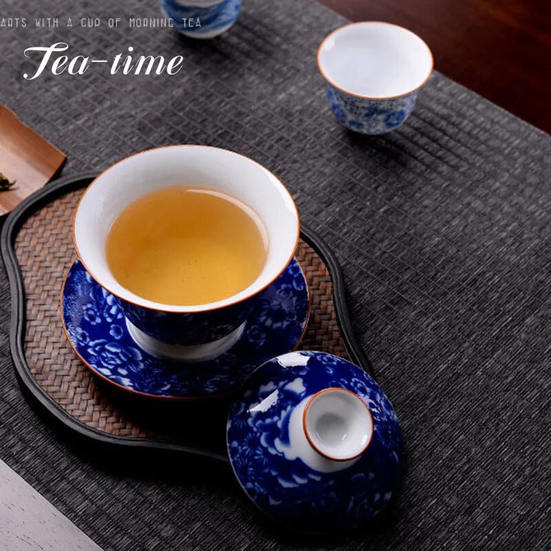 190 ml Hiina sinist ja valget portselanist tee Tureen keraamilised värvilised lilled Gaiwan käsitsi maalitud teetass Kodune jooginõud Decor Käsitöö