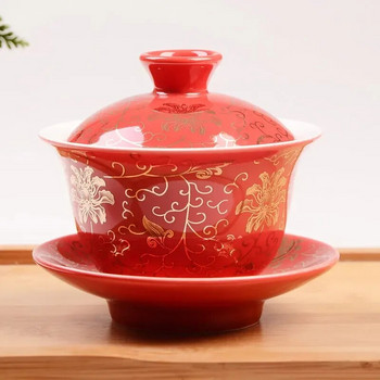 Керамична чаша за чай с поднос и капак, китайски сватбен сервиз за чай, червена чаша за чай Gaiwan, празнично сервиране на чай, супници за напитки