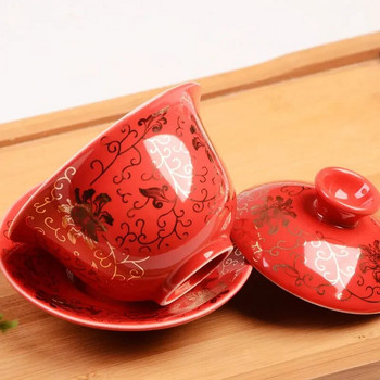 Керамична чаша за чай с поднос и капак, китайски сватбен сервиз за чай, червена чаша за чай Gaiwan, празнично сервиране на чай, супници за напитки