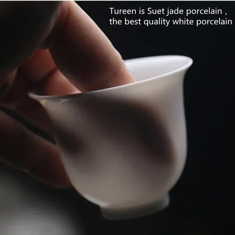 Mini 90 ml Suet Jade Portselan Gaiwan Tee jaoks Tahke valge Tureen kaanega Teenõu Reisi Kung Fu Teekomplekt Väikesed Tassikausid Chawan