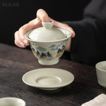 120 ml Ru Kiln Ceramic Gaiwan Exquisite Ice Crack Glaze Sancai Tea Bowl Ръчно рисувана красота Чаен сервиз Домакински ръчно изработени чаени чаши