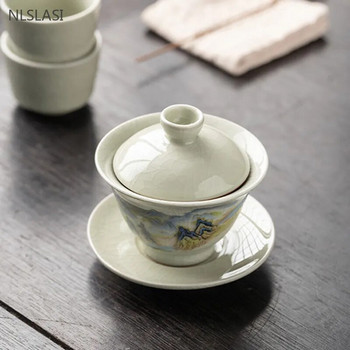 120ml Ru Kiln Ceramic Gaiwan Exquisite Ice Crack Glaze Sancai Tea Bowl Χειροποίητο σετ τσαγιού ομορφιάς Οικιακά χειροποίητα φλιτζάνια τσαγιού