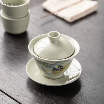 120 ml Ru Kiln Ceramic Gaiwan Exquisite Ice Crack Glaze Sancai Tea Bowl Ръчно рисувана красота Чаен сервиз Домакински ръчно изработени чаени чаши