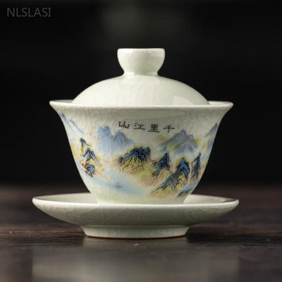 120 ml Ru krosnies keramikos „Gaiwan“ išskirtinis ledo įtrūkimų glazūra „Sancai“ arbatos dubuo, rankomis dažytas grožio arbatos rinkinys, namų apyvokos rankų darbo arbatos puodeliai