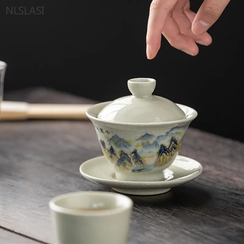 120 ml Ru Ahju keraamiline Gaiwan Peen jääpragu glasuur Sancai teekauss Käsitsi maalitud ilutee komplekt majapidamises käsitsi valmistatud teetassid