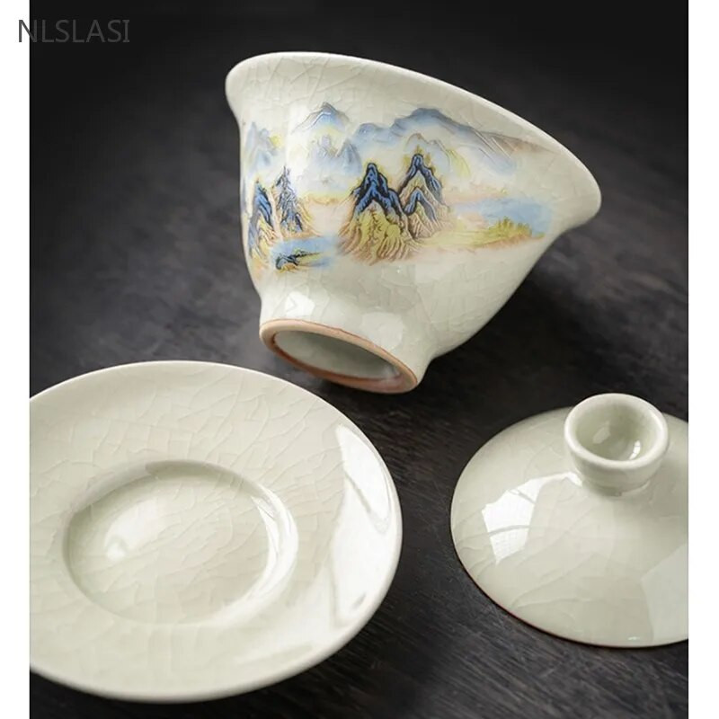 120 ml Ru Ahju keraamiline Gaiwan Peen jääpragu glasuur Sancai teekauss Käsitsi maalitud ilutee komplekt majapidamises käsitsi valmistatud teetassid