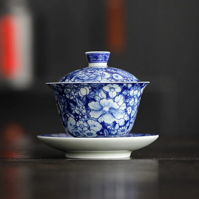 Jingdezhen Wanhua Tureen zili balts antīks Gaiwan Tureen mājsaimniecības augstas klases kung fu tējas komplekts liela ietilpība, neplaucēšanās