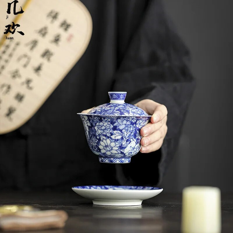 Jingdezhen Wanhua Tureen Mėlyna ir Balta Antikvarinis Gaiwan Tureen Buitinis aukštos klasės Kung Fu arbatos rinkinys didelės talpos nenuplikęs
