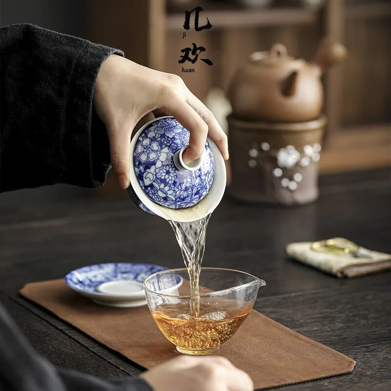 Jingdezhen Wanhua Tureen Mėlyna ir Balta Antikvarinis Gaiwan Tureen Buitinis aukštos klasės Kung Fu arbatos rinkinys didelės talpos nenuplikęs