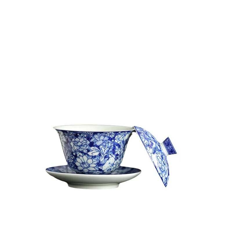 Jingdezhen Wanhua Tureen Mėlyna ir Balta Antikvarinis Gaiwan Tureen Buitinis aukštos klasės Kung Fu arbatos rinkinys didelės talpos nenuplikęs
