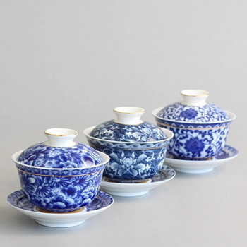 Ретро син и бял порцелан Gaiwan, Jingdezhen керамични чаши за чай пуер с чинийка, китайски сервиз за чай, чаши със златен ръб, прибори за чай