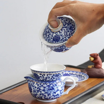 Ретро син и бял порцелан Gaiwan, Jingdezhen керамични чаши за чай пуер с чинийка, китайски сервиз за чай, чаши със златен ръб, прибори за чай