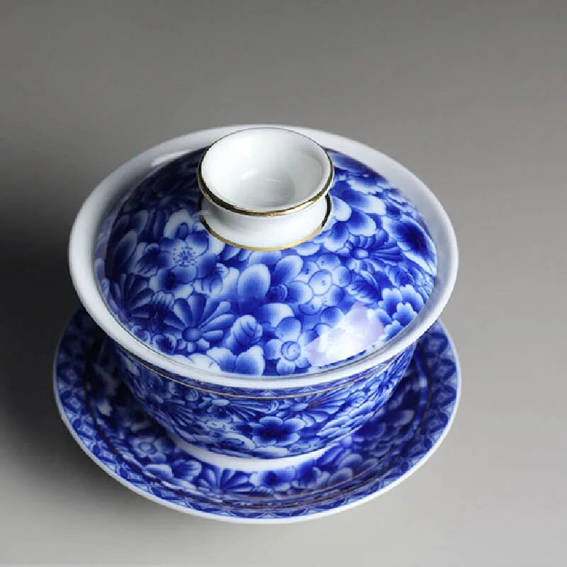 Retro sinisest ja valgest portselanist Gaiwan, Jingdezheni keraamilised Puer teetassid alustassiga, Hiina teekomplekt, kullaäärsed teetassid, teenõud
