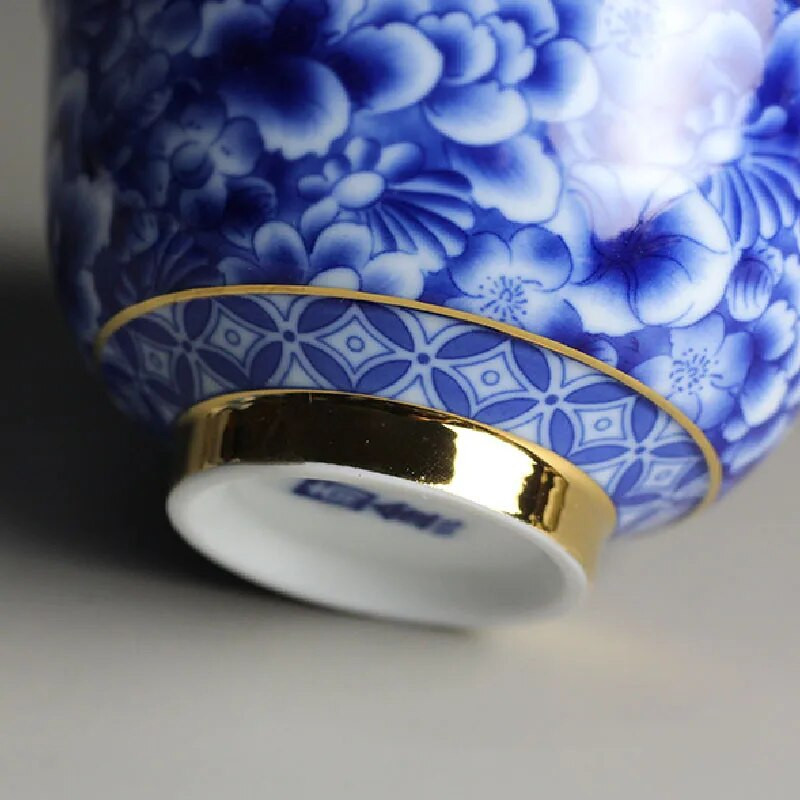 Retro sinisest ja valgest portselanist Gaiwan, Jingdezheni keraamilised Puer teetassid alustassiga, Hiina teekomplekt, kullaäärsed teetassid, teenõud