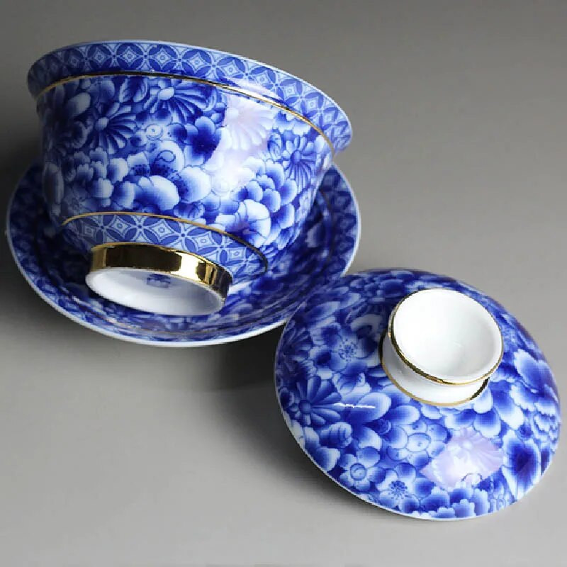 Retro sinisest ja valgest portselanist Gaiwan, Jingdezheni keraamilised Puer teetassid alustassiga, Hiina teekomplekt, kullaäärsed teetassid, teenõud