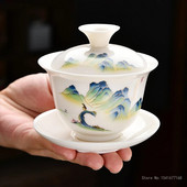 Keraamiline Kung Fu teekomplekt Creative valgest portselanist puhta valge kullaga maalitud mägimustriga Three Talent kaanega kauss, üks teetass