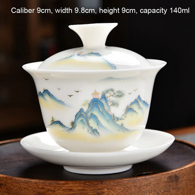 Keraamiline Kung Fu teekomplekt Creative valgest portselanist puhta valge kullaga maalitud mägimustriga Three Talent kaanega kauss, üks teetass