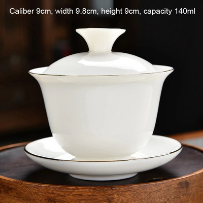 Keraamiline Kung Fu teekomplekt Creative valgest portselanist puhta valge kullaga maalitud mägimustriga Three Talent kaanega kauss, üks teetass