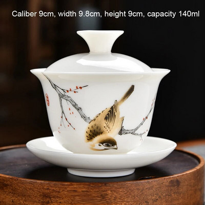 Keraamiline Kung Fu teekomplekt Creative valgest portselanist puhta valge kullaga maalitud mägimustriga Three Talent kaanega kauss, üks teetass