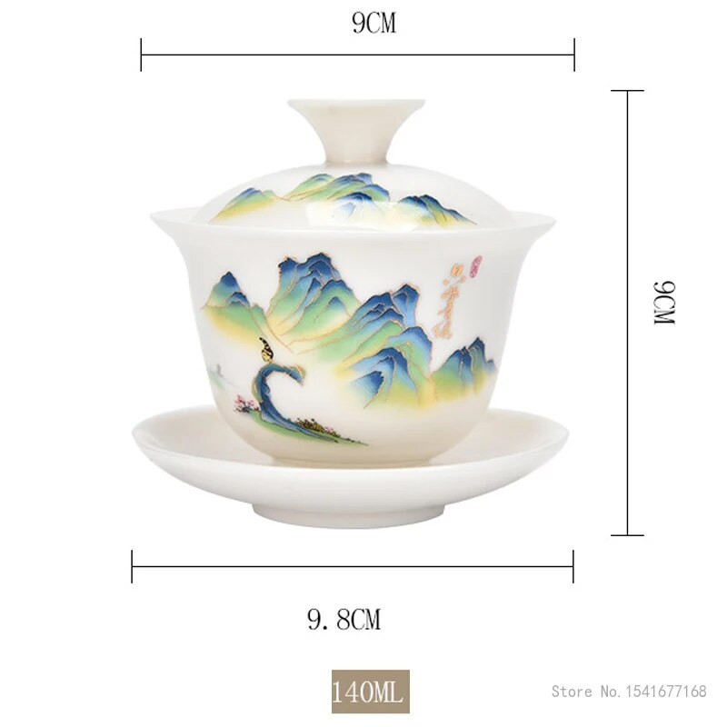 Keraamiline Kung Fu teekomplekt Creative valgest portselanist puhta valge kullaga maalitud mägimustriga Three Talent kaanega kauss, üks teetass