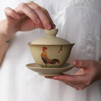 Комплект купа за чай от керамика, китайски гайван, домакински ретро чаши за чай с петел, съдове за чай от груба керамика, керамична чаша за чай с чинийка