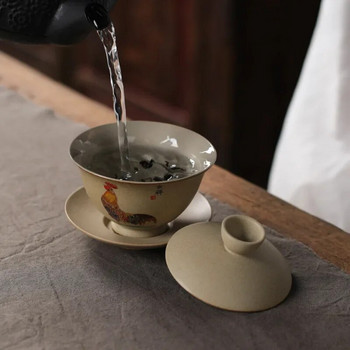 Комплект купа за чай от керамика, китайски гайван, домакински ретро чаши за чай с петел, съдове за чай от груба керамика, керамична чаша за чай с чинийка