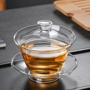 Топлоустойчив прозрачен капак Купа Капак Чинийка Голяма чаена чаша Супница Пътни сервизи за чай Бизнес подарък 200ML Стъклен Gaiwan