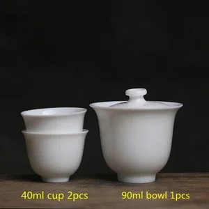 Mini 90 ml Suet Jade Portselan Gaiwan Tee jaoks Tahke valge Tureen kaanega Teenõu Reisi Kung Fu Teekomplekt Väikesed Tassikausid Chawan