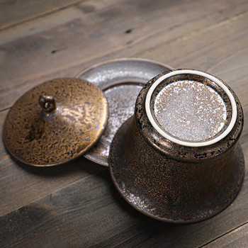 Творческа купа, покрита с ръжда, глазура, супник, купа, покрита с груба керамика в японски стил, керамична чаша за чай с капак и чинийка пуер