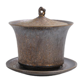 Творческа купа, покрита с ръжда, глазура, супник, купа, покрита с груба керамика в японски стил, керамична чаша за чай с капак и чинийка пуер