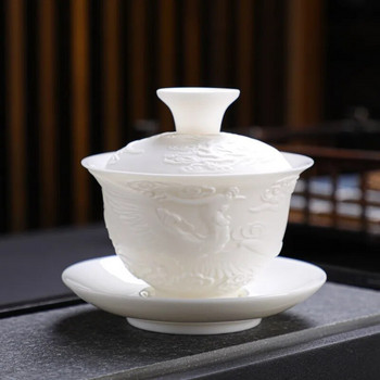 Керамичен гайван с релефен образ на дракон и феникс, машина за чай Kung Fu, прибори за пиене, комплект купи за чай, 150 ml